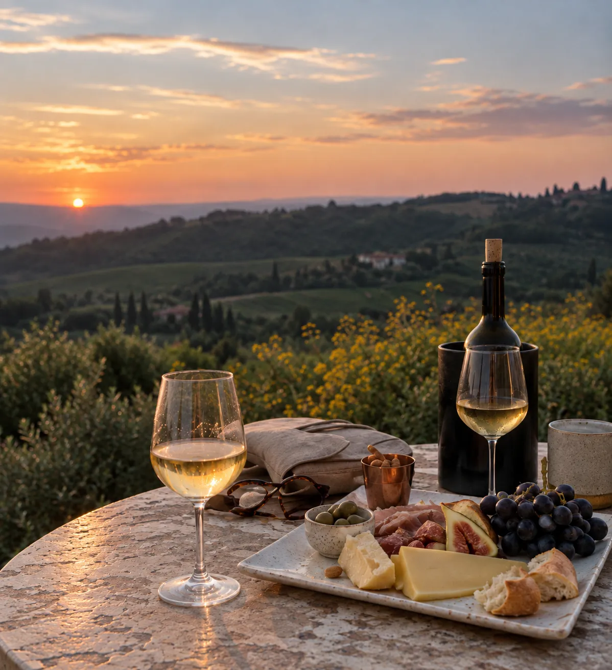 Two glasses of white wine, a bottle on ice and a board of cheese, figs, grapes, ham and olives on a stone table above vineyards at sunset